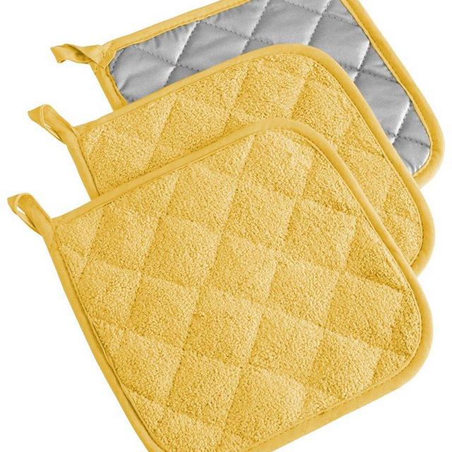 DII 100% Cotton, Terry Pot Holder Set Machine Washable, Heat Resistant, 7 x 7, Yellow, 3 Piece