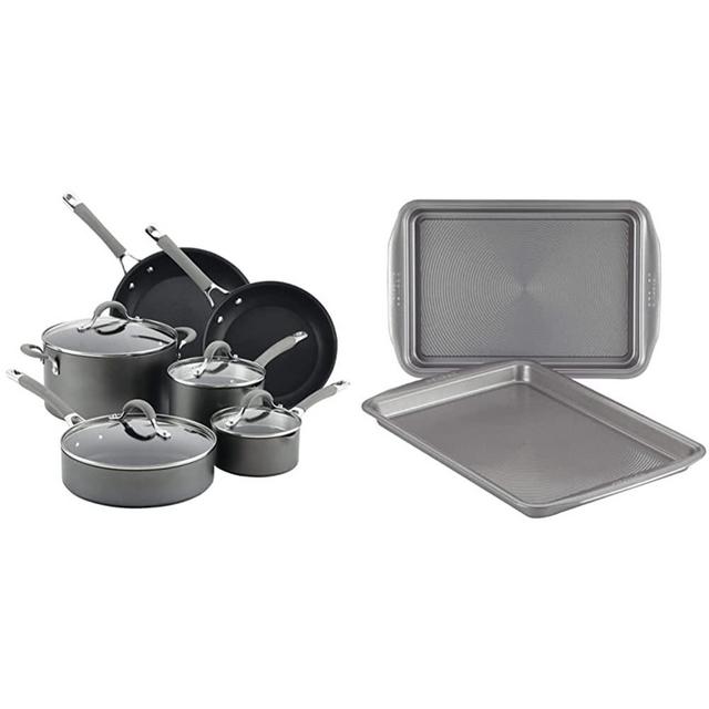 Circulon Elementum Hard Anodized Nonstick Cookware Pots and Pans Set, 10 Piece, Oyster Gray & Nonstick Bakeware Set, Nonstick Cookie Sheet / Baking Sheet - 2 Piece, Gray