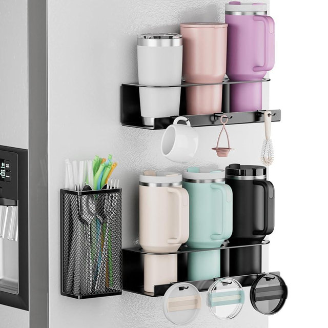 OVICAR Magnetic Cup Holder for Stanley 20/30/40oz - 2 Pack Tumbler Organizer for Refrigerator - Water Bottle Organizer with Straw Basket & 6 Hooks Tumbler Cup Lids Accessories Storage Black