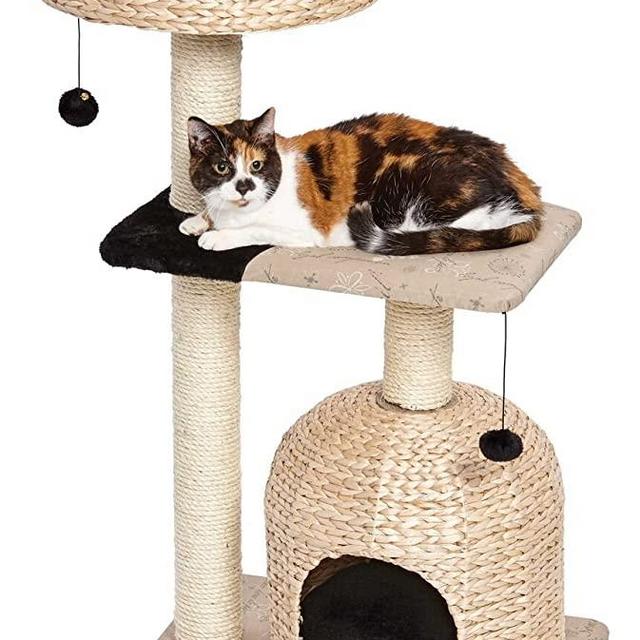 MidWest Homes for Pets Cat Tree | Nest Cat Furniture, 3-Tier Cat Activity Tree w/ Sisal Wrapped Support Scratching Posts & Dangle Play Balls, Woven Rattan & Script Medium Cat Tree