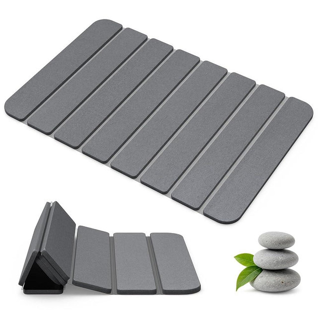 Diatomaceous Earth Stone Bath Mat Non-Slip, Foldable Stone Bath Mats for Bathroom Quick Dry, Super Absorbent Diatomaceous Earth Mats 24 x 16 Inch Quick Drying, Eco-Friendly Easy to Clean - Grey 1Pack