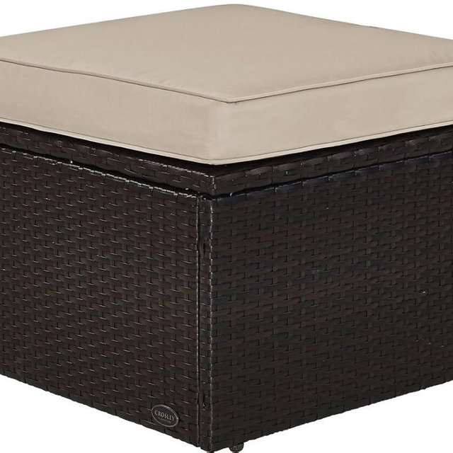Crosley Furniture Palm Harbor Wicker Outdoor Ottoman Foot Rest for Patio, Deck, Porch, Brown with Sand Cushions