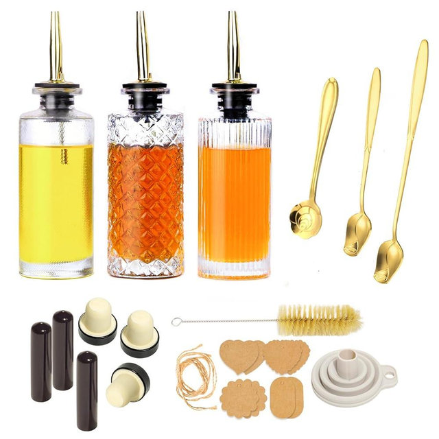 Oudizz Coffee Syrup Dispenser Set 3 Pcs - 200ml Syrup Dispenser Glass With Metal Pour Spout for Coffee Bar for Kitchen