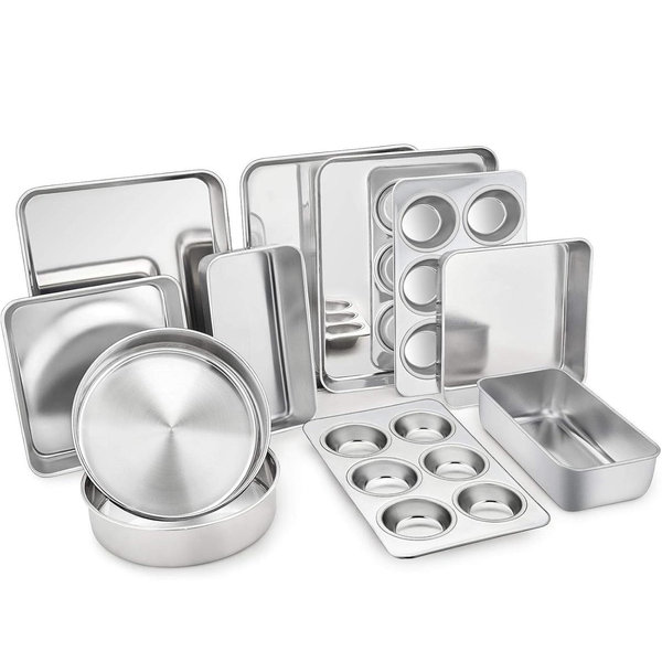 TeamFar Stainless Steel Bakeware Set of 11, Toaster Oven Baking Pan Set, Lasagna Pan, Square & Round Cake Pan, Loaf Pan & Muffin Pan, Healthy & Heavy Duty, Dishwasher Safe & Smooth