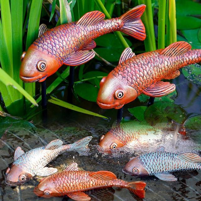VKEVOC Antique Ceramic Koi Fish Garden Statues - Set of 2 | Exquisite Fish Sculptures for Outdoor, Patio, Pond, and Garden Decorations (Brassy)