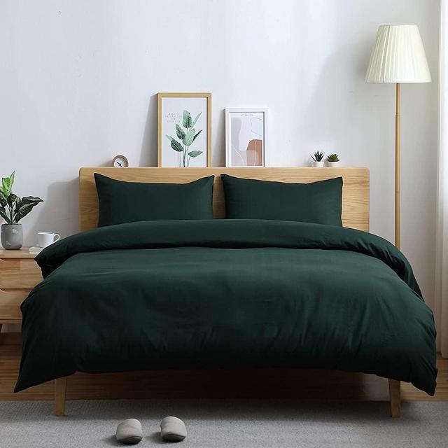 ATsense Duvet Cover King Size, 100% Cotton Linen Feel Super Soft Comfortable, Dark Green Duvet Cover Bedding Set, 3-Piece, Durable and Easy Care, Simple Style Farmhouse Comforter Covers Set