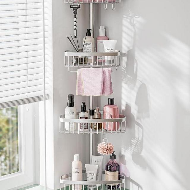 ESSEME Corner Shower Caddy Tension Pole: Adjustable Rustproof 4-Tier Inside Bathroom Organizer - 47-121 inch Quick Installation Bathtub Shelves for Shampoo Storage - Rod Floor Standing Bath Rack