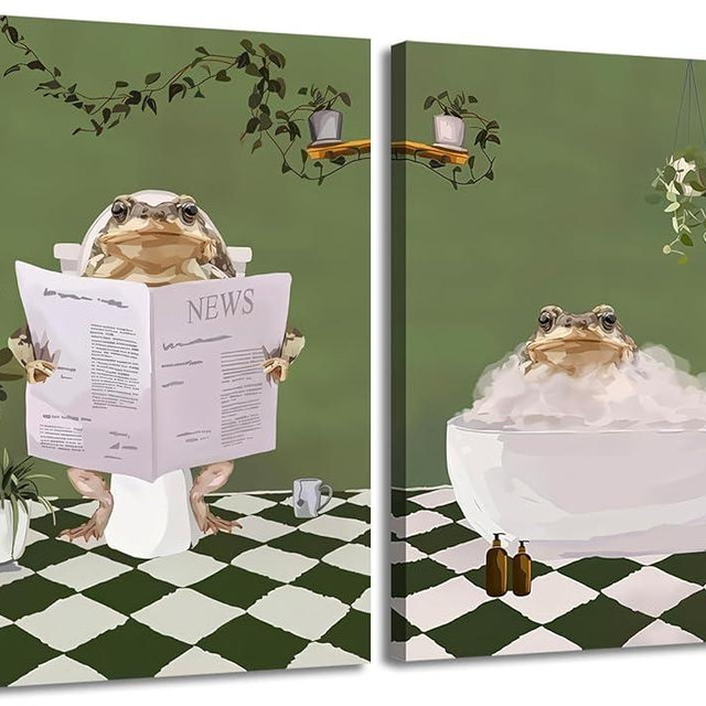 Funny Frog Bathroom Wall Art Whimsical Green Frog in Bathtub Wall Decor Pictures Cute Animal Bathroom Poster Painting Canvas Prints 12x16 inch Framed