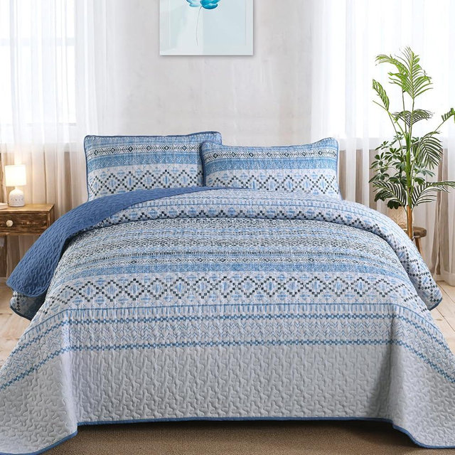 Menghomeus Boho Blue Quilt Set Queen Size Aztec Striped Printed Quilt with 2 Pillowshams Patchwork Bedding Set Soft Microfiber Bedspread Coverlet Set for All Season