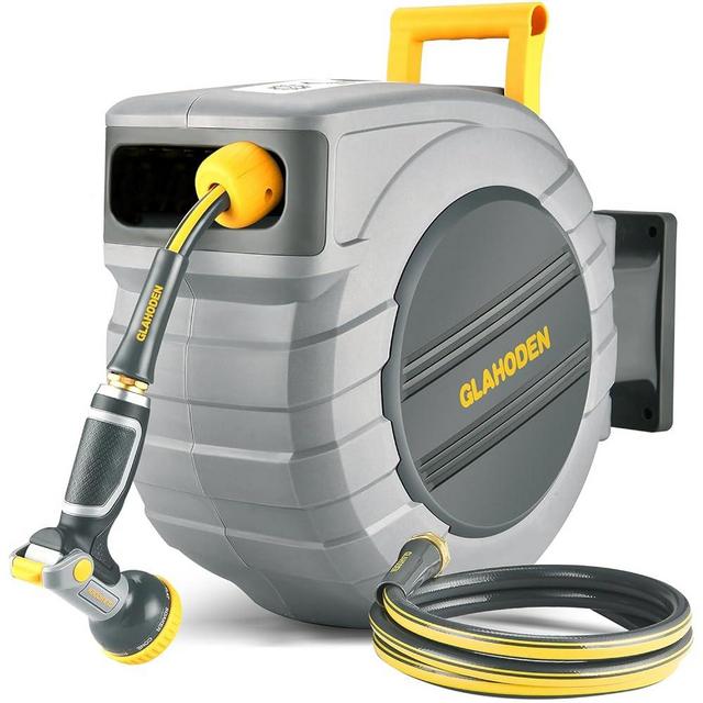 GLAHODEN Retractable Garden Hose Reel - 1/2 in x 115 ft Upgraded UV Resistant Automatic Wall Mounted Water Hose Reel 3/4 in Brass Fitting 9 Pattern Nozzle Any Length Lock Slow Retraction 180° Swivel