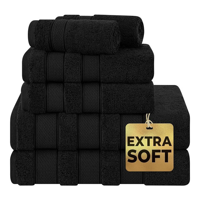 American Soft Linen Salem Bath Towel Set, 6 Piece Towels for Bathroom, 100% Turkish Combed Zero Twist Cotton, 2 Bath Towels 2 Hand Towels 2 Washcloths, Black