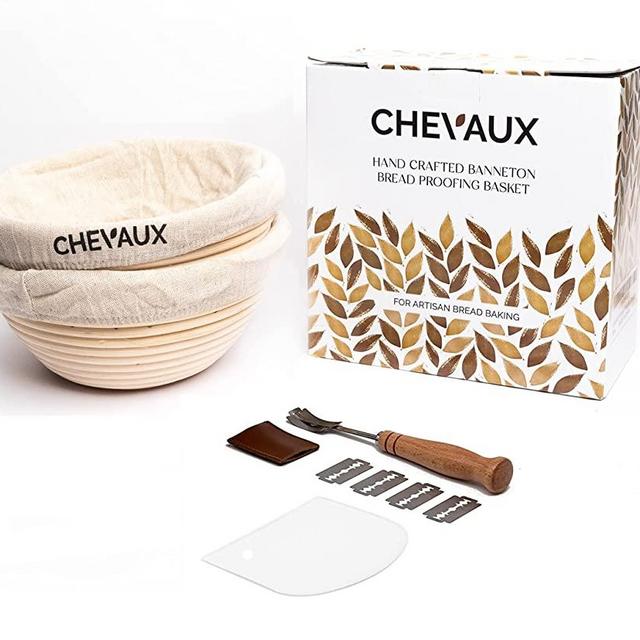 CHEVAUX Banneton Bread Proofing Basket Set, 2 Round 9 Inch Rattan Sourdough Baskets with 2 Linen Liners + Dough Scraper + Bread Lame + 5 Blades, Artisan Sourdough Bread Baking Supplies