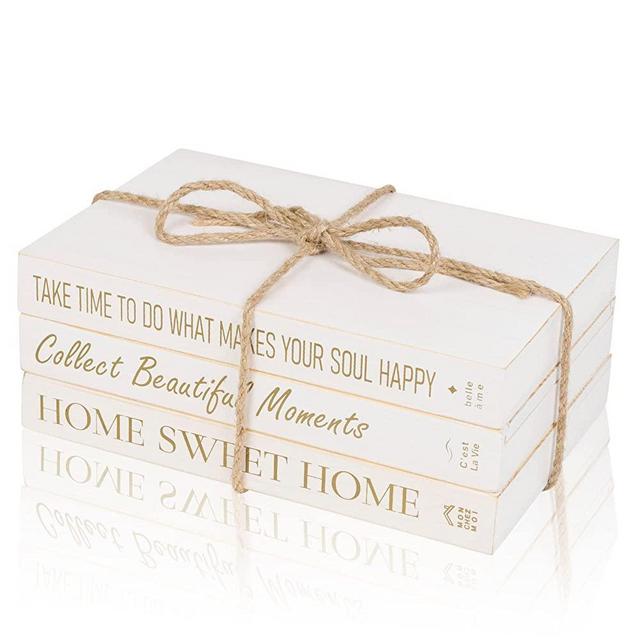 DecoVous Decorative Books - White Faux Books for Decoration Set of 3 - French Farmhouse Shelf Decor for Home - Rustic Living Room Coffee Table Decor - Hardcover Fake Books for Fireplace, Shelves Mantle, Office - Gold