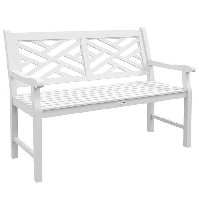 Outsunny Outdoor Garden Bench, Wooden Frame Patio Bench with Geometric Pattern, 43.25 Inch Weatherproof 2-Person Love Seat for Garden, Lawn, Porch, Yard, Work Entryway, White