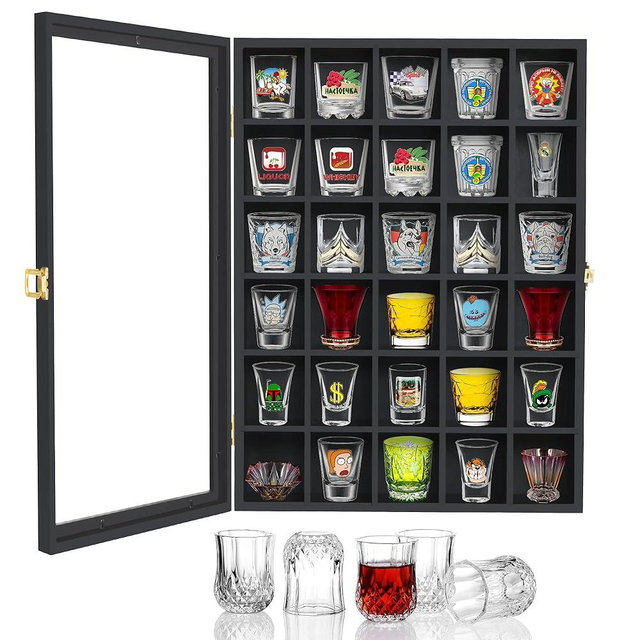 30 Shot Glass Display Case Wall Mounted, Shot Glass Holder with Door and Removable Shelve, Shot Glass Storage for Home Bar Decor