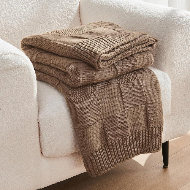 CozeCube Knit Throw, Soft, Warm, Cozy Blanket for Bed, Couch, Sofa, Living Room - Green Checkered, Light Brown, 50"X60", Decorative Christmas
