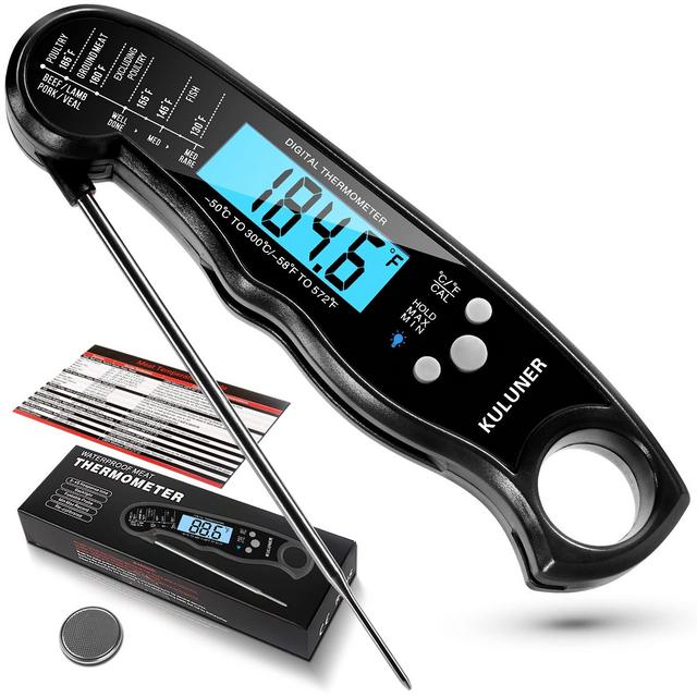 KULUNER TP-01 Waterproof Digital Instant Read Meat Thermometer with 4.6” Folding Probe Backlight Calibration Function for Cooking Food Candy, BBQ Grill, Liquids,Beef(Black)