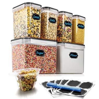 Airtight Food Storage Containers - Wildone Cereal & Dry Food Storage Container Set of 6 (Black Lid), Leak-proof & BPA Free, with 20 Chalkboard Labels & 1 Measuring Cup & 1 Chalk Marker