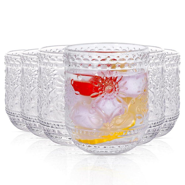WeirdUncle Set of 6 Drinking Glasses,12 oz, Vintage Glassware,Embossed Floral Decorative Glasses Set for Wine, Beer,Water,Juice,Cocktail,Whiskey,Gift (Clear)
