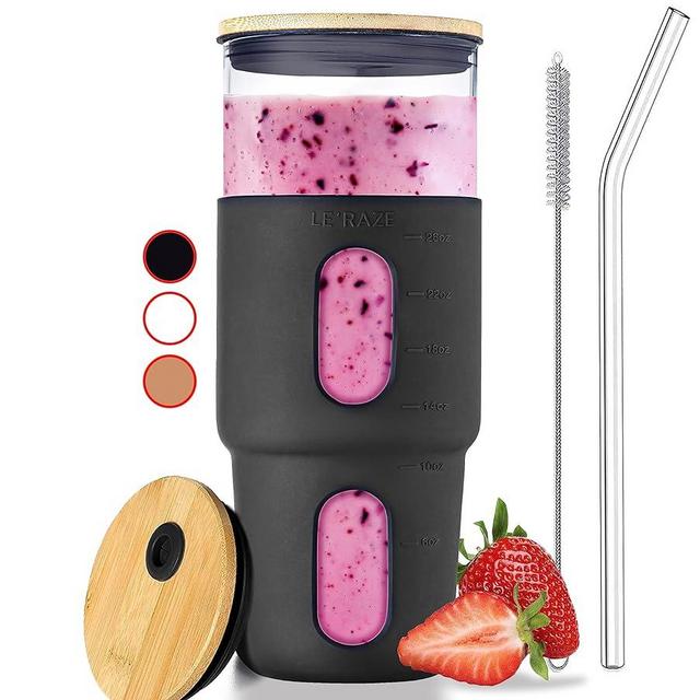 32oz Glass Tumbler with Straw & Bamboo Lid with Silicone Sleeve, Reusable Boba Smoothie Cup Iced Coffee Tumbler, Fits Cup Holder, Glass Water Bottle, BPA Free, Beer Mug & Stein Black