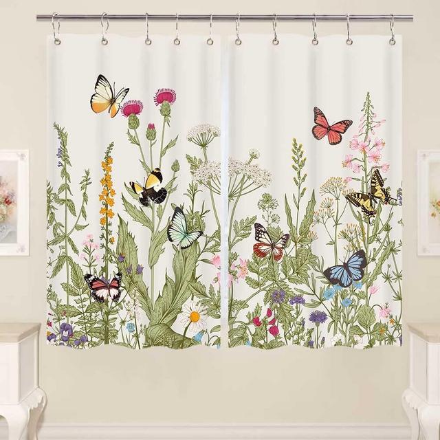 Green Leaves Plant Kitchen Curtains, Floral Botanical Wildflower Kitchen Window Curtain, Farmhouse Pattern Cafe Curtains Herb Living Room Bedroom Window Drapes Treatment Fabric 2 Panels, 42X45Inches