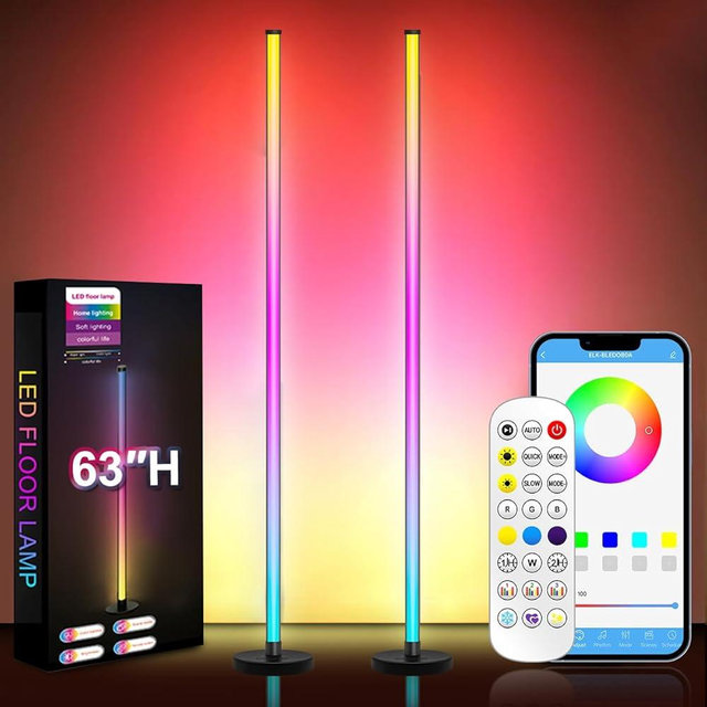 Halucky LED Floor Lamp, 63-Inch RGB Corner Light with Music Sync, Smart App Control, 16 Million Colors, Remote Control for Living Room, Bedroom, Gaming Room (2 Pack)