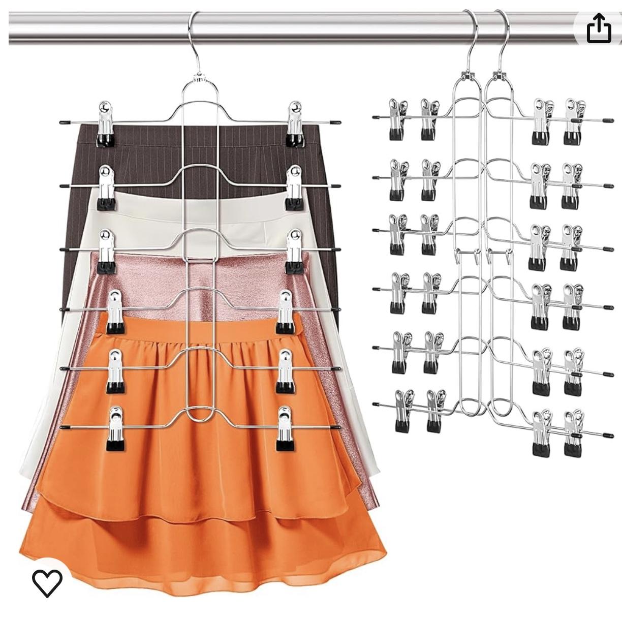 Hodola 6 Tier Skirt-Hanger-Space-Saving - 3 Pack for Women, Upgraded Short Hangers & Skirt-Hangers-with-Clips,Room-Organization-and-Storage, Metal Pants-Hangers-Space-Saving Dorm-Room-Essentials
