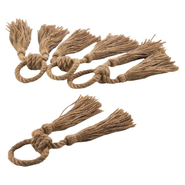 (Set of 4)Light Brown Jute Tassel Napkin Ring (7.5")- Saro Lifestyle