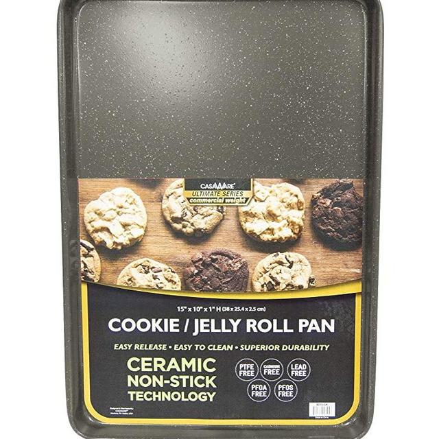casaWare 15 x 10 x 1-Inch Ultimate Series Commercial Weight Ceramic Non-Stick Coating Cookie/Jelly Roll Pan (Silver Granite)
