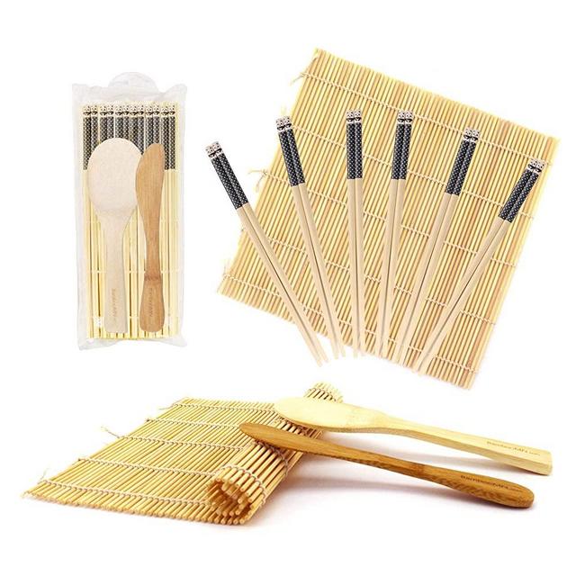 BambooMN Sushi Making Kit 2x Natural Bamboo Rolling Mats, 1x Rice Paddle, 1x Spreader and 6 Pairs Chopsticks