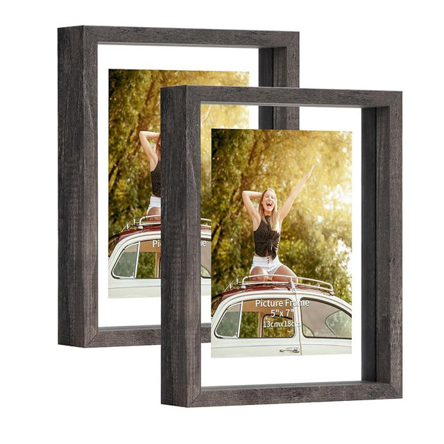 Trwcrt 2 Pack 5x7 Floating Picture Frame, Double Glass Picture Frames Display up to 7 x 9 photos for Desktop or Wall Hanging, Gray