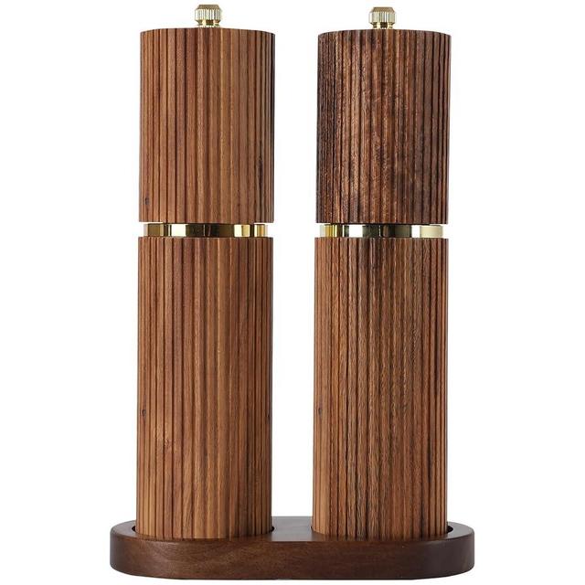 Wooden Salt and Pepper Grinder Set,Refillable Salt and Pepper grinder with adjustable Coarseness,Acacia Wood pepper mill manual,Salt and Pepper Shakers Matching Wooden tray-Ideal for Gifting