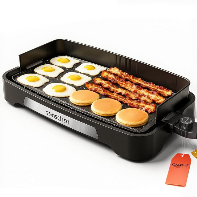 SENSCHEF Cleansnap Everyday Electric Griddle, 20” Nonstick Grill with Foldable Anti-Mess Shield, 1700W Fast Heating, ILAG Ultimate Coating, Dishwasher-Safe Removable Plate, Midnight Black