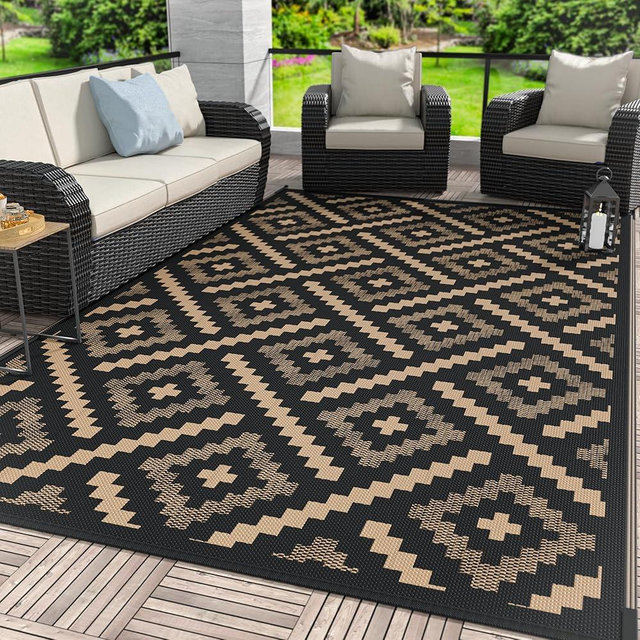 GENIMO Outdoor Rug for Patio Clearance, 6'x9' Waterproof Camping Mat, Reversible Plastic Straw Rugs for RV, Camper, Balcony, Backyard, Picnic, Deck (Mix Black Brown)