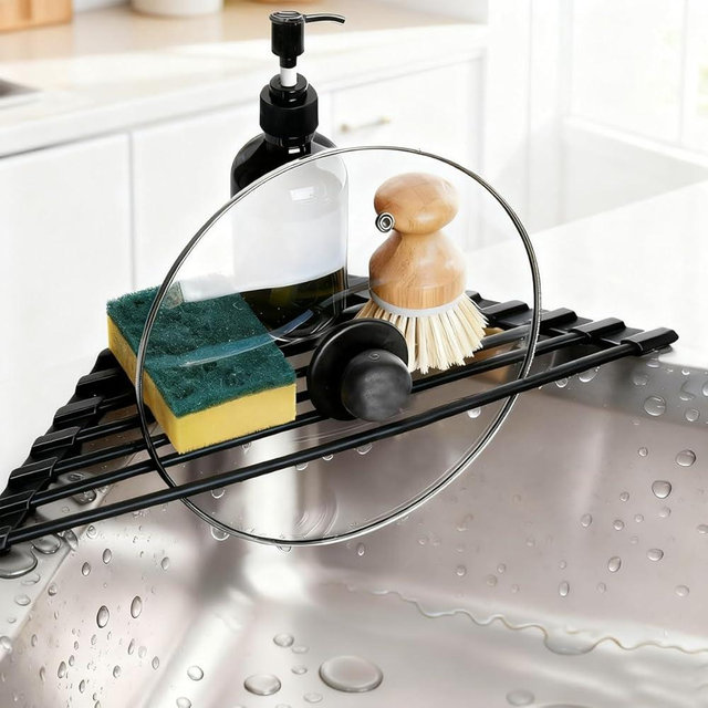 Credon Triangle Roll Up Dish Drying Rack, Foldable Anti-Slip Kitchen Sink Drainer Organizer, Silicone Coated Stainless Steel Frame, Multipurpose Over Sink Corner Caddy for Space Saving (Black)