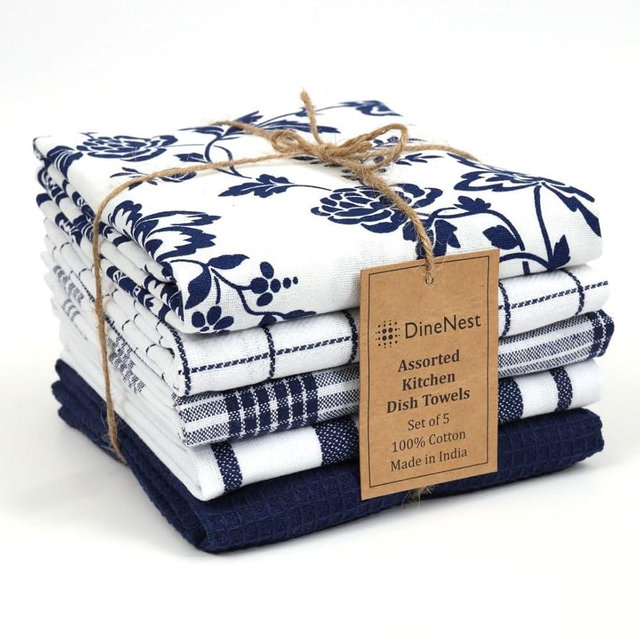 DineNest Assorted Kitchen Dish Towels 100% Cotton 16x26 Inch Set of 5 - Super Absorbent Soft Durable Washable Dish & Cleaning Low-Lint Towels for Kitchen & Home - Quick Drying Dish Towel Navy Blue