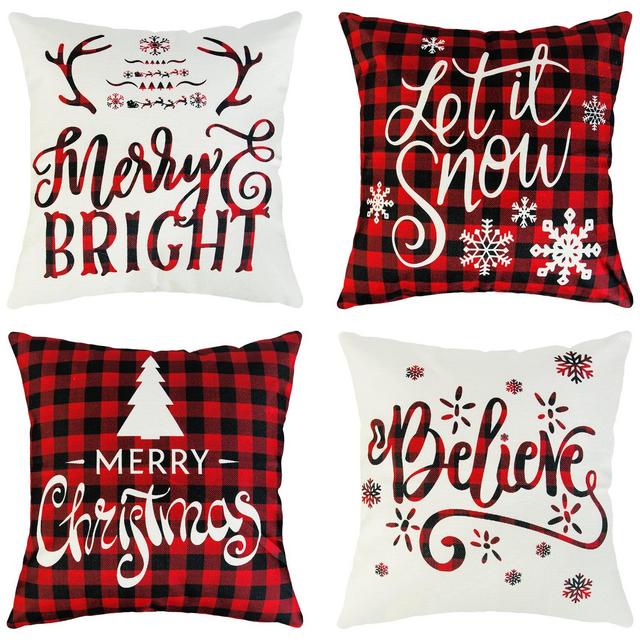 Ouddy 4Pcs Christmas Pillow Covers, Holiday Winter Throw Pillow Covers 18x18 Farmhouse Merry Christmas Quotes Saying Tree Snowflake for ElK Linen Cushion Case for Sofa Home Decor