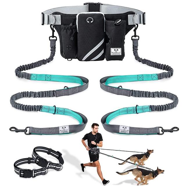 SHINE HAI Retractable Hands Free Dog Leash with Dual Bungees for Dogs up to 150lbs, Adjustable Waist Belt, Reflective Stitching Leash for Running Walking Hiking Jogging Biking