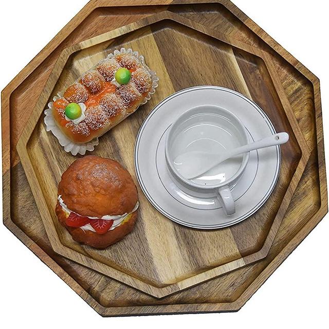 Octagon Wooden Serving Trays Set of 2 Large Acacia Wood Tray - Charcuterie Board for Food, Fruit, Vegetable, Meat Breakfast Lunch Dinner in Bed Decorative Bread Plates Party Dishes (1x12in, 1x10in)