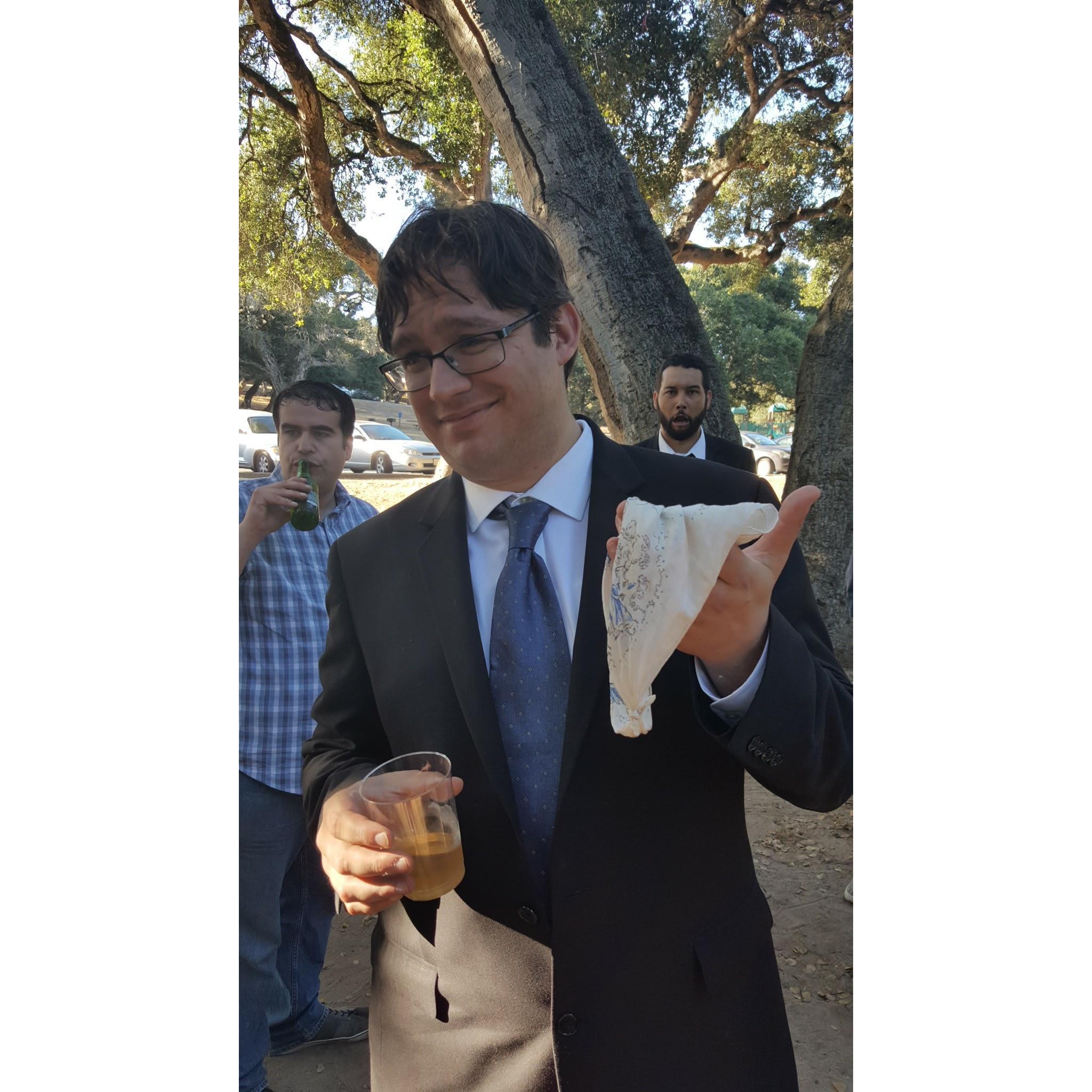 Mat and Anna's wedding, Daemeon caught the garter. Shout out to Josh for the photo bomb.