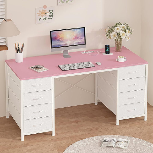 YOMILUVE 50 Inch Computer Desk with 8 Drawers, Home Office Desk with Power Outlets, Work Study Gaming Desk with 8 Fabric Drawers, Pink