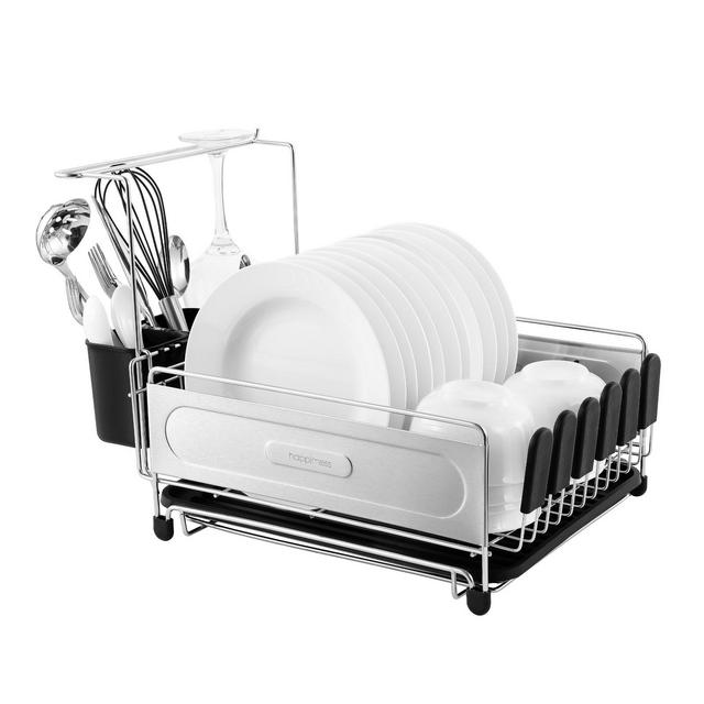 happimess Compact 17.25" Fingerprint-Proof Stainless Steel Dish Drying Rack With Wine Glass Holder, Stainless Steel/Black