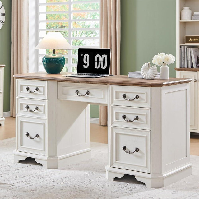 T4TREAM 59" Farmhouse Executive Desk with Drawers,Wood Home Office Computer Desk, Featuring Keyboard Tray,Charging Station,File Drawer, Storage Cabinet,for Work and Study (Antique White)