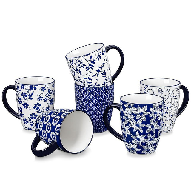 vancasso SELENE Large Coffee Mugs Set of 6, 16 Oz Porcelain Coffee Cups with Handle, Ceramic Tea Cup for Cappuccino, Latte, Tea, Cocoa, Dishwasher & Microwave Safe Gift Sets, Vintage Blue