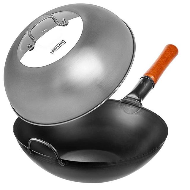 YOSUKATA Carbon Steel Wok Pan – 13,5 “ Woks and Stir Fry Pans + Wok Lid 12.8 Inch - Premium Stainless Wok Cover with Tempered Glass Insert Steam Holes and Ergonomic Handle
