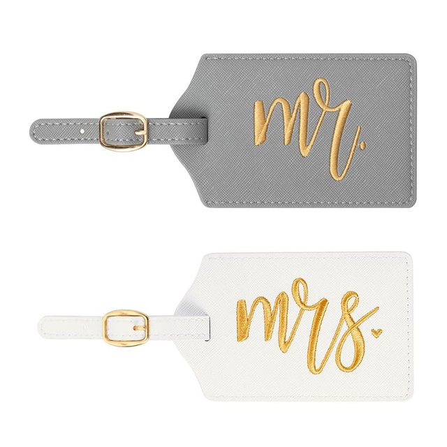 Mr and Mrs Luggage Tags Set, Embroidered Luggage Tags, Wedding, Honeymoon, Bridal Shower, Engagement Gifts, Travel Accessory for Couples, Newlyweds (Grey/Gold+White/Gold)