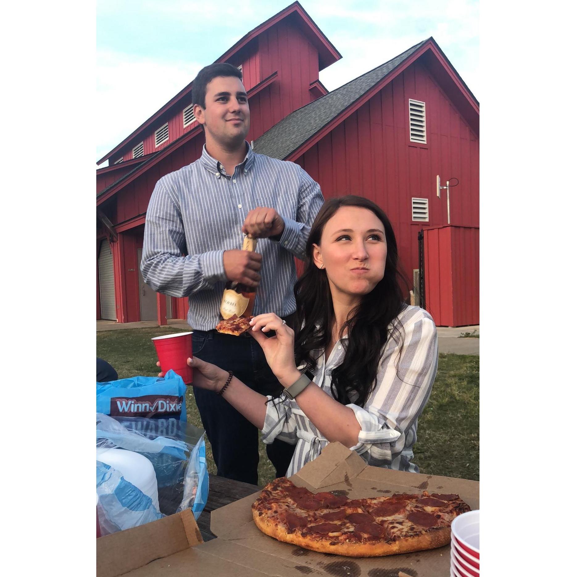 The pizza, cake, and champagne Derrick had after the proposal.