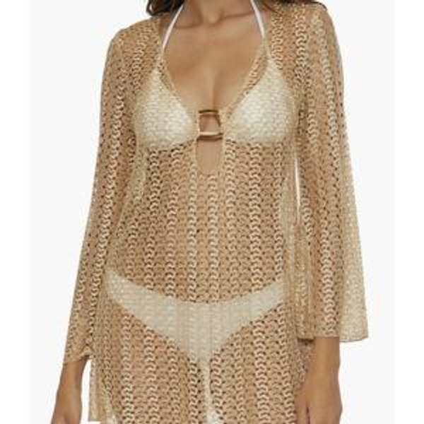 Gold Metallic Long Sleeve Sheer Cover-Up Dress