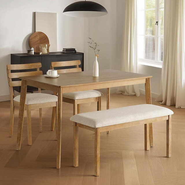 SIMTONAL 4-Piece Farmhouse Dining Set, Wooden Table with 2 Chairs, Bench Seat, Mid-Century Modern Wooden Table & Upholstered Chair Set for Home, Kitchen, Dining Room, Solidwood Legs