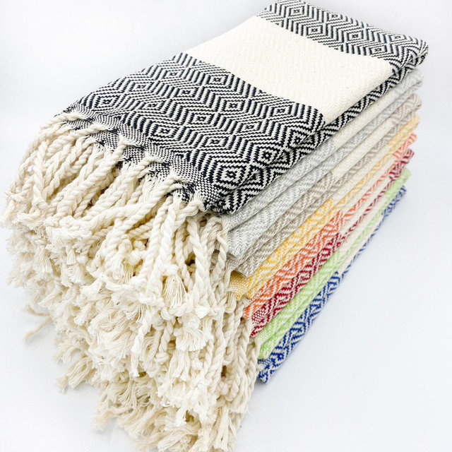 Set of 4 Turkish Cotton Hand Towels: Boho Diamond Kitchen Tea Towels
